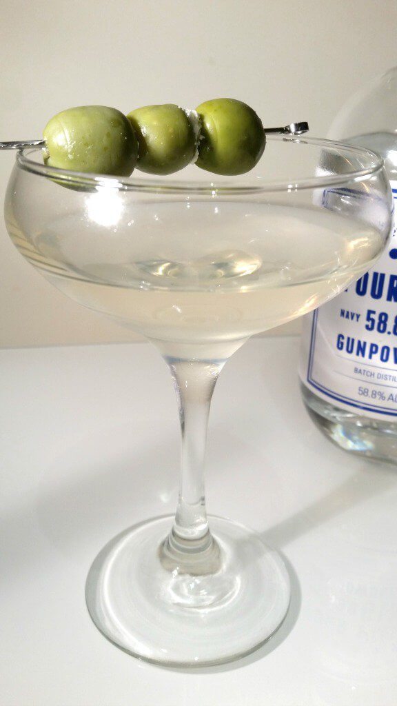Four Pillars Navy Strength dirty martini with blue-cheese stuffed olives